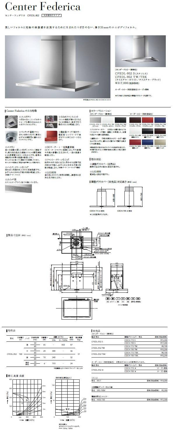 アリアフィーナ レンジフード 天井取付タイプ センターフェデリカ 