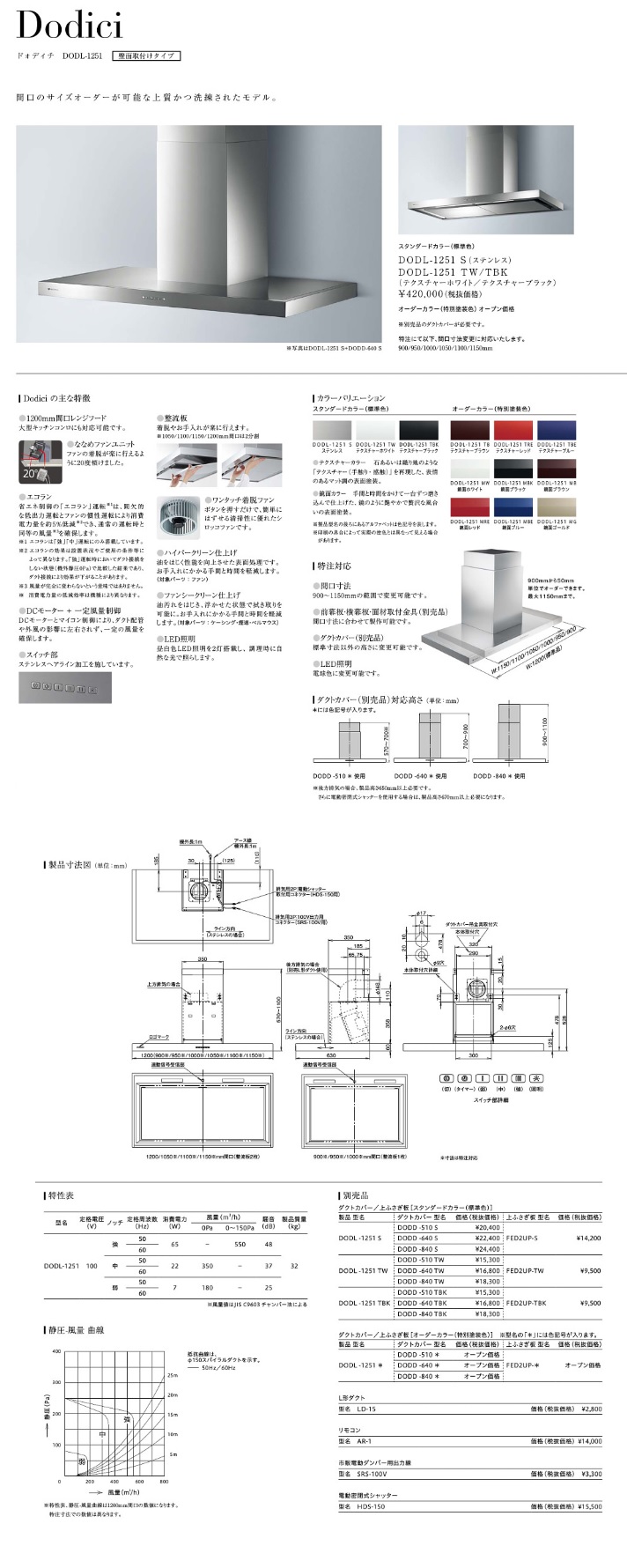 ARIAFINA(アリアフィーナ) Dodici(ドォディチ) DODL-1251 S(ステンレス) ※ダクトカバーは別売  住宅設備機器の激安店！オンラインショップ アクオリー